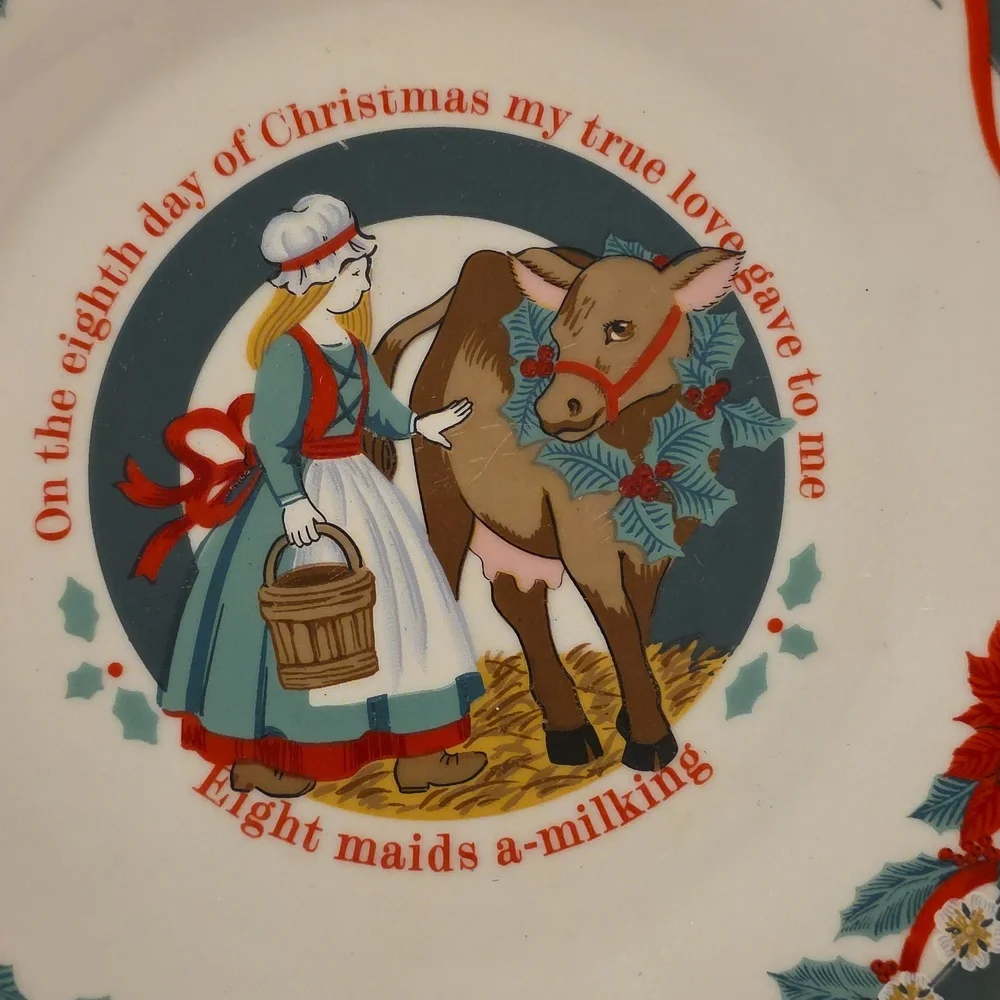 Vintage Tienshan DECK THE HALLS Plate China Salad Dessert Eight Maids A-Milking‎